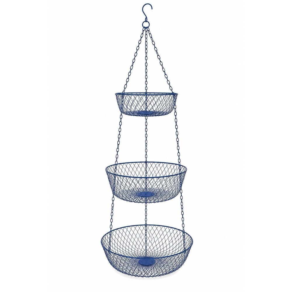 Vintage 3 Tier Collapsible Metal Wire Mesh Hanging Baskets - Blue - Sturdy